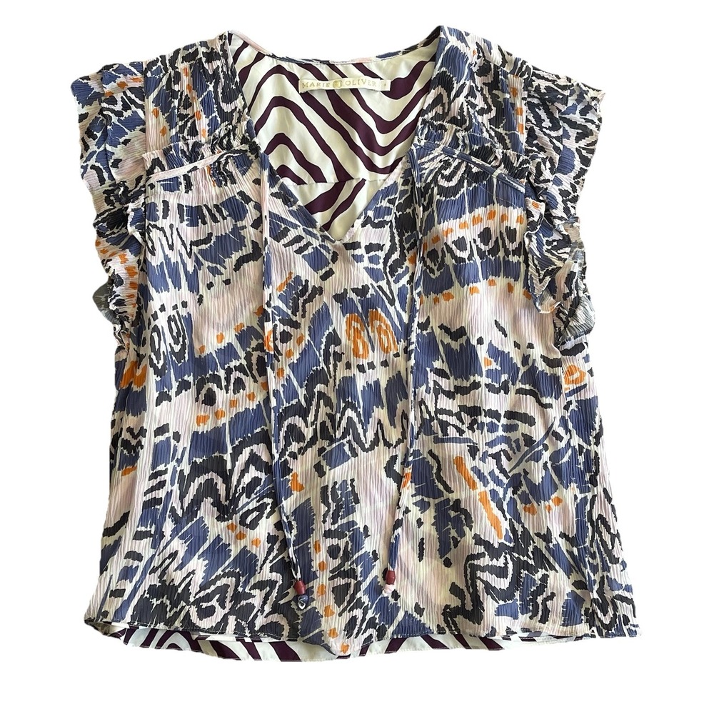 Marie Oliver Flutter Sleeve Blouse Small Zebra Lined‎ Crinkle Fabric V-Neck Ties